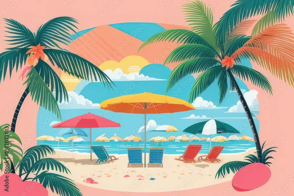 Fototapeta premium Summer Vacation Beach Illustration — Flat Vector with Palm Trees, Coconut Drink, and Sunset