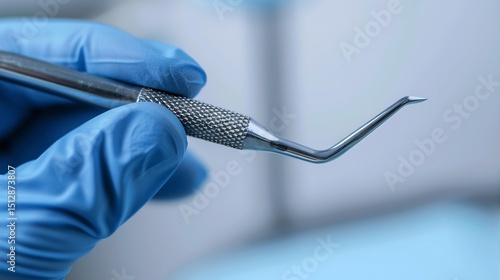 Dental professionals gloved hand holding a precision scaler tool isolated on a white background