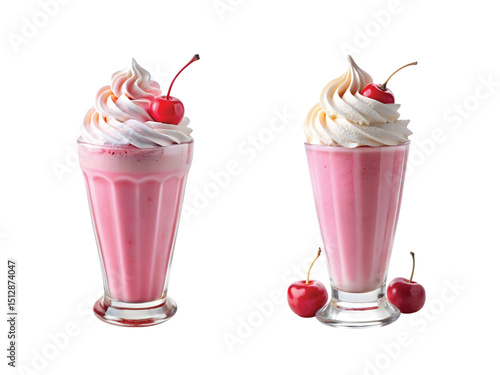 Classic Milkshake in Glass: A pink strawberry milkshake in a tall glass with whipped cream and cherry, sharp PNG