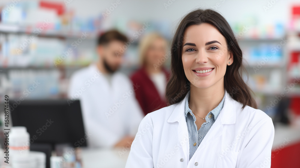 Smiling female pharmacist in a pharmacy with shelves of medications and other healthcare products Smiling female pharmacist in a pharmacy with shelves of medications and other healthcare products