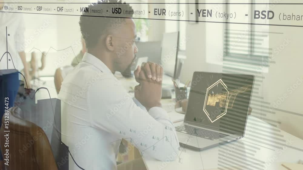 custom made wallpaper toronto digitalOffice worker tracking NFT data as updates animating bar charts, line graphs for finance
