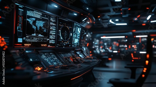 Fototapeta Naklejka Na Ścianę i Meble -  Futuristic control panel with glowing displays and intricate technology.  Detailed screens show world maps and radar data.  Dark, modern cockpit interior