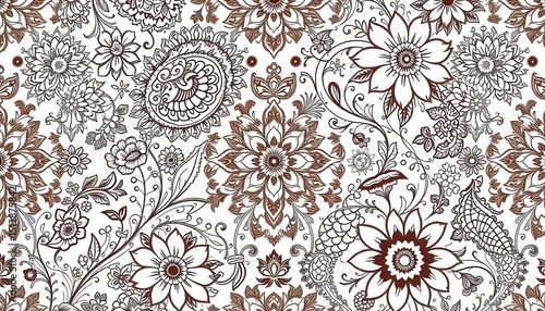 Intricate white-on-white Indian paisley and floral pattern, vintage oriental style seamless repeat, ethnic, south