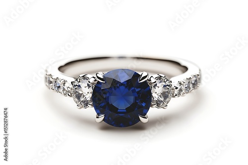 Close up of a sapphire ring with diamond accents on a white background in a studio setting view