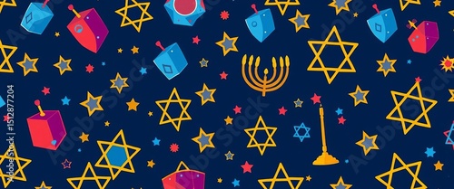 Seamless Hanukkah pattern featuring dreidels, menorahs, and stars ,  seamless,  graphic