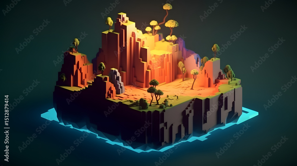 Naklejka premium 3D art style Cave In hill floating island