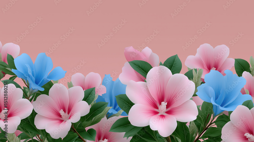 Fototapeta premium Beautiful floral illustration features pink and blue flowers with lush green leaves against soft pastel background, creating elegant and delicate design