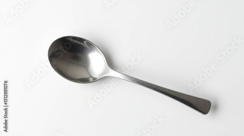 A stainless steel soup spoon sits on a plain white background.  The spoon's bowl is rounded and the handle is slender, reflecting light.  Clean, simple design