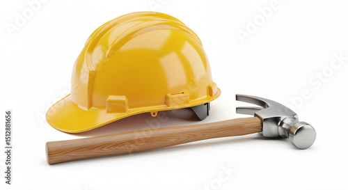 Yellow construction hard hat and a hammer with a wooden handle and a metallic head. The hard hat is positioned next to the hammer on a white background.