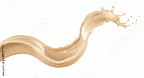 Smooth, flowing splash of beige liquid against a white background. The liquid is glossy and dynamic, with some droplets at the edge, suggesting motion as if it was poured or swirled.