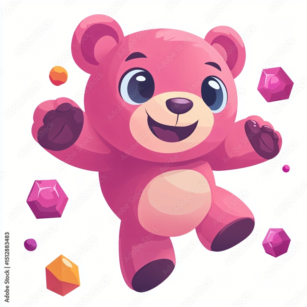 Fototapeta premium Playful Pink Teddy Bear Jumping with Colorful Gems Cartoon Illustration