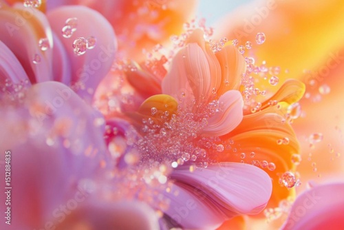 Macro shot of beautiful flower with dew drops on petals.