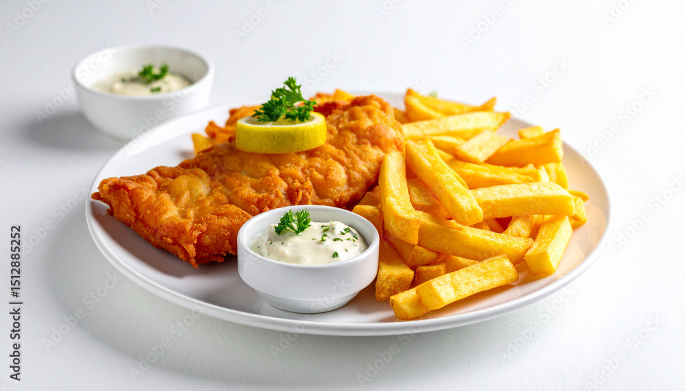 Fish and Chips on White Plate – Classic Fried Seafood Dish on White Table Background Fish and Chips on White Plate – Classic Fried Seafood Dish on White Table Background