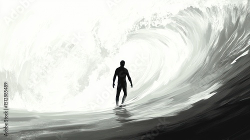 Monochromatic depiction of a solitary surfer facing a colossal, dynamic wave