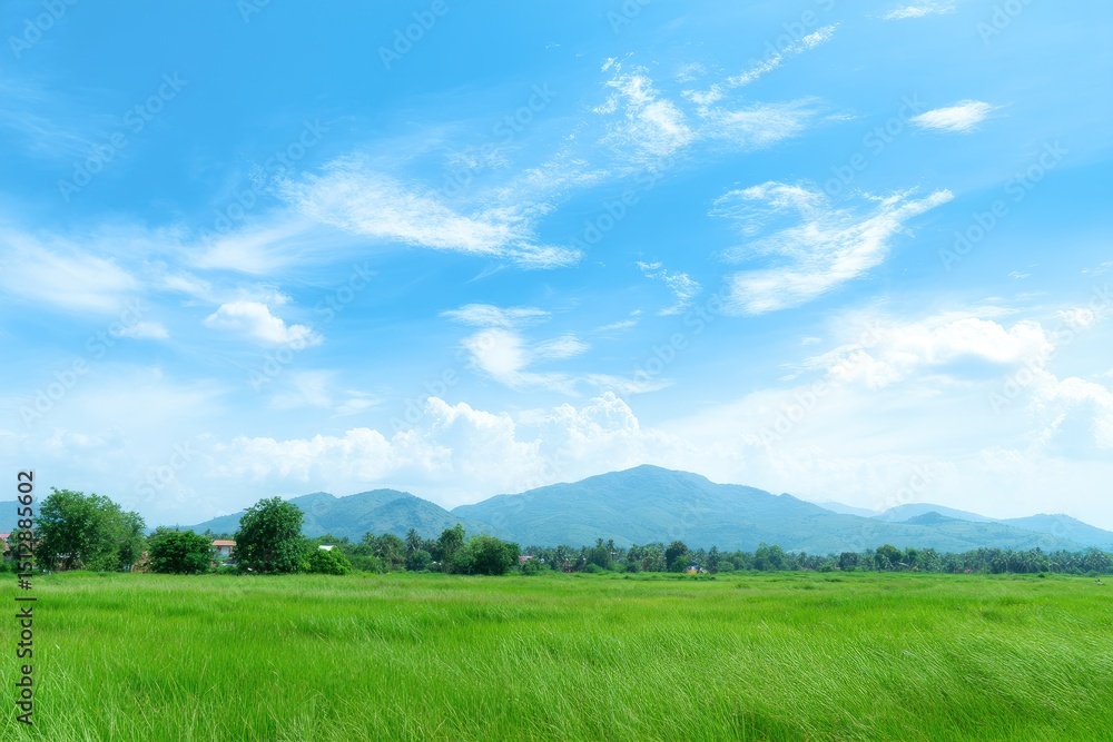 Obraz premium Serene Green Field and Majestic Mountain Vista