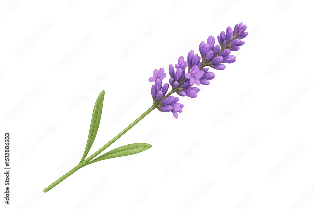 Obraz premium Realistic illustration of a lavender flower with stem and leaves, isolated on a transparent background