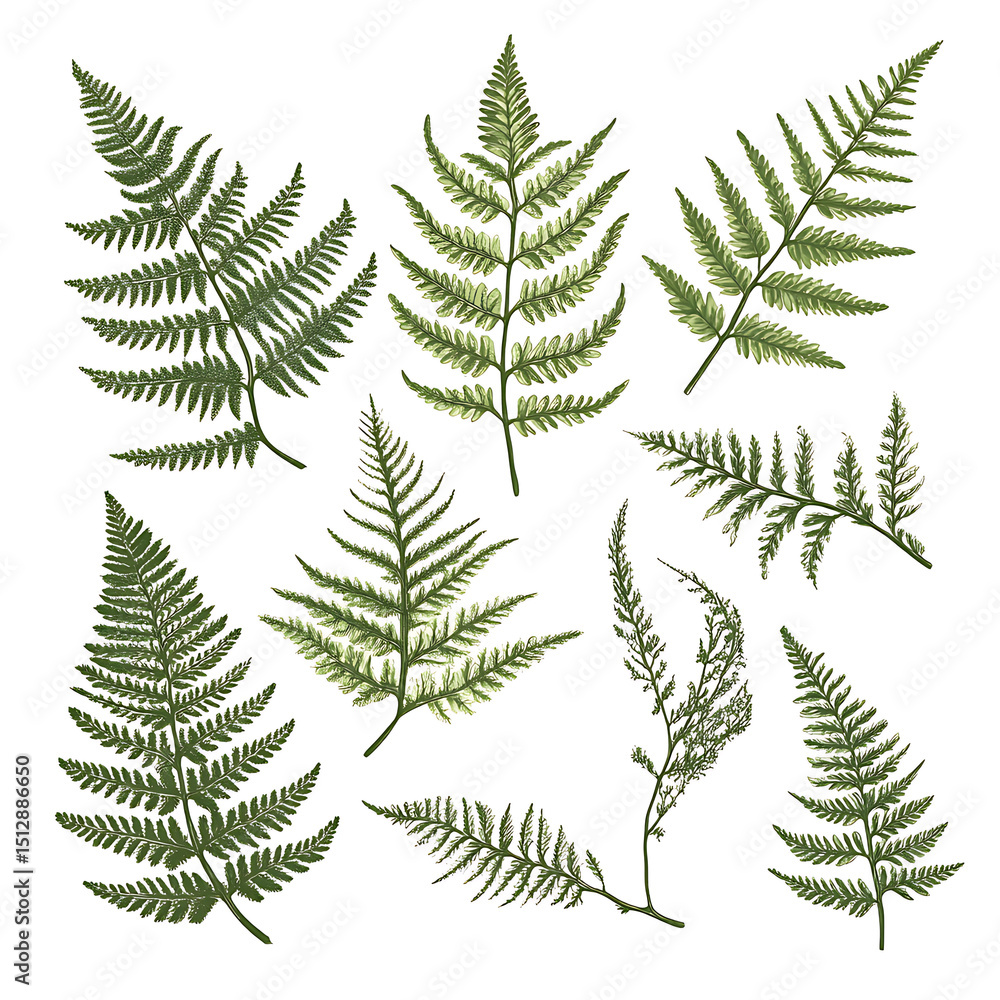 Obraz premium Highly detailed illustrations of various trees, leaves, grasses, and botanical elements, featuring realistic, minimalist, and abstract compositions on a white background.