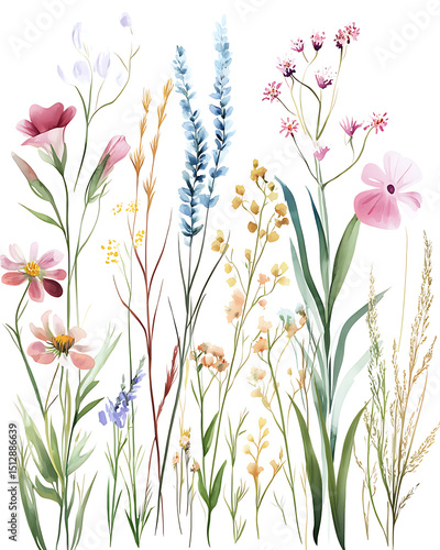 Highly detailed illustrations of various trees, leaves, grasses, and botanical elements, featuring realistic, minimalist, and abstract compositions on a white background.