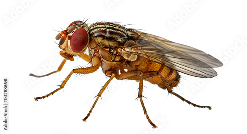 Striking macro of a fruit fly with prominent red eyes and striped thorax