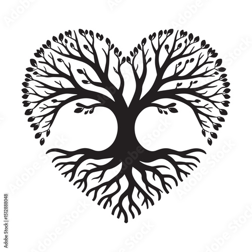 Heart shaped tree of life roots branches silhouette