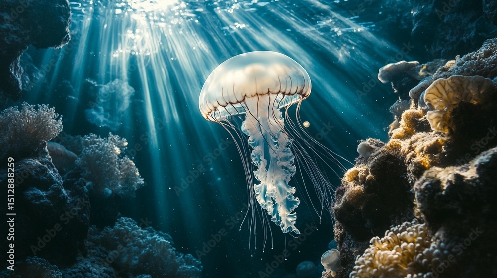 Naklejka premium Sunlight illuminates a translucent jellyfish gracefully drifting amidst a vibrant coral reef