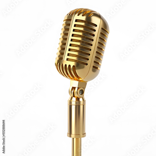 golden retro microphone on white background, Retro golden microphone with glowing bokeh lights in the background
