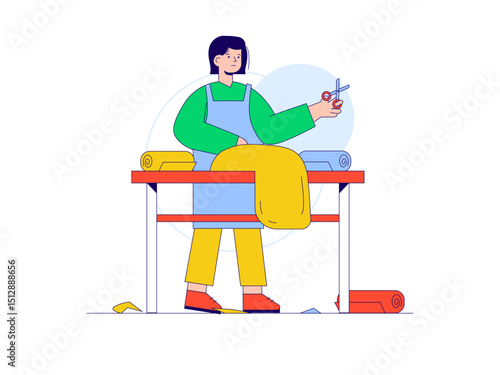 Woman cutting cloth, dress making process. Craft illustration. Character design. Flat vector illustration