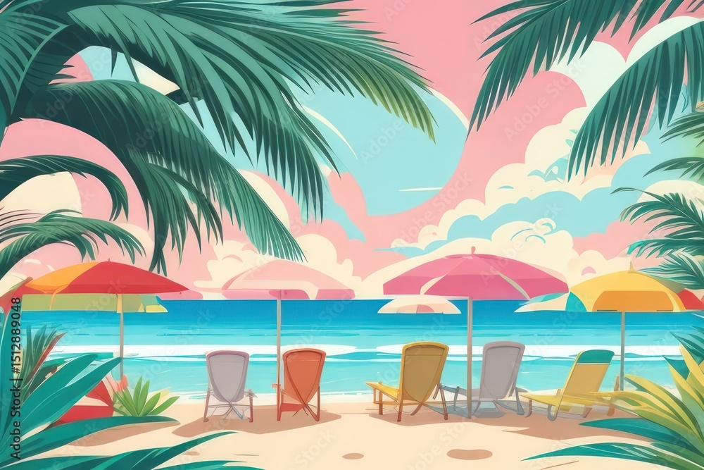 Fototapeta premium Summer Vacation Beach Illustration — Flat Vector with Palm Trees, Coconut Drink, and Sunset
