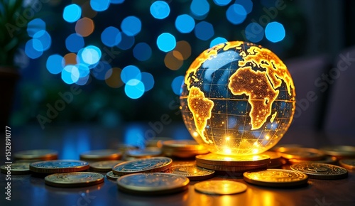 Illuminated globe surrounded by coins with a bokeh background