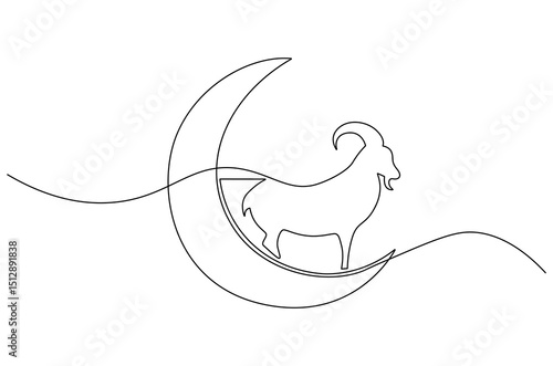 Continuous one line drawing of Crescent moon with Goat. Single line drawing illustration of Muslim Eid Al Adha sacrificing goat to God. Eid Al Adha Banner concept vector art. Doodle line illustration.