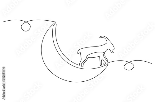 Continuous one line drawing of Crescent moon with Goat. Single line drawing illustration of Muslim Eid Al Adha sacrificing goat to God. Eid Al Adha Banner concept vector art. Doodle line illustration.