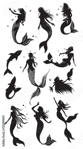 Mermaid Silhouette Collection , black silhouettes isolated on white background