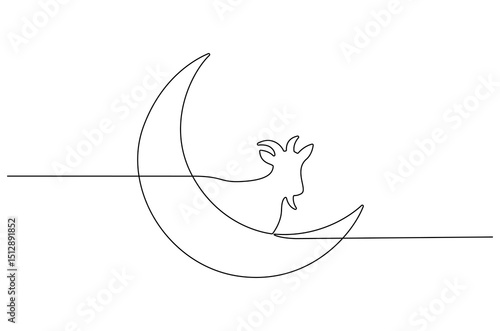 Continuous one line drawing of Crescent moon with Goat. Single line drawing illustration of Muslim Eid Al Adha sacrificing goat to God. Eid Al Adha Banner concept vector art. Doodle line illustration.