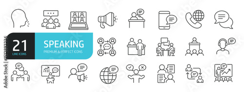 Set of line icons related to speaking, speech, talk, discussion. Editable stroke. Outline icons collection. Vector illustration stock illustration