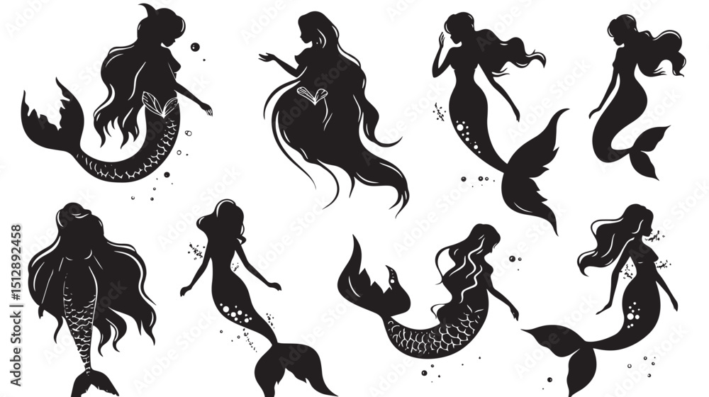 Fototapeta premium Mermaid Silhouette Collection , black silhouettes isolated on white background