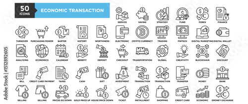 50 Economic Transaction icon set. Containing design financial, finance, money, economy, banking, economic	