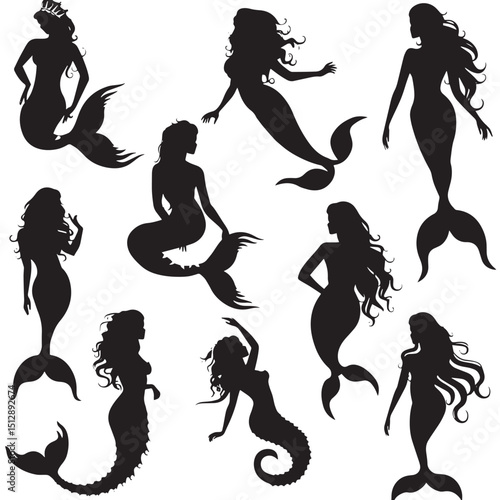 Mermaid Silhouette Collection , black silhouettes isolated on white background