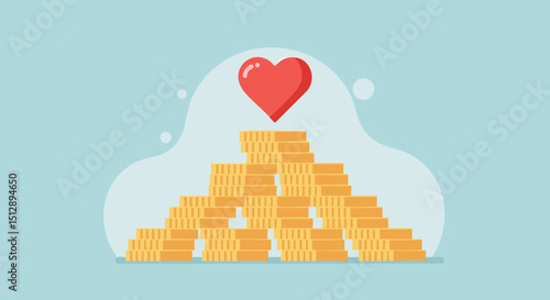 Charity donation concept illustration showing love and money concept with heart on top of money stack investment and finance