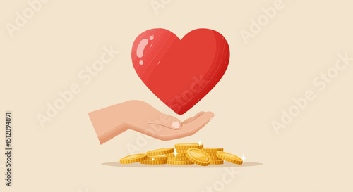 Charity donation concept charity donation concept showing hand holding heart above gold coins for fundraising campaign help support