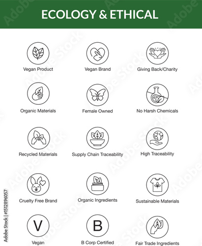 Sustainable, Ethical, Vegan, Vegetarian, Eco, Eco-Friendly, Line Icon, Minimal, icon, symbol, vector, business, illustration, website, earth, b-corp, female owned, fair trade, icons, buttons