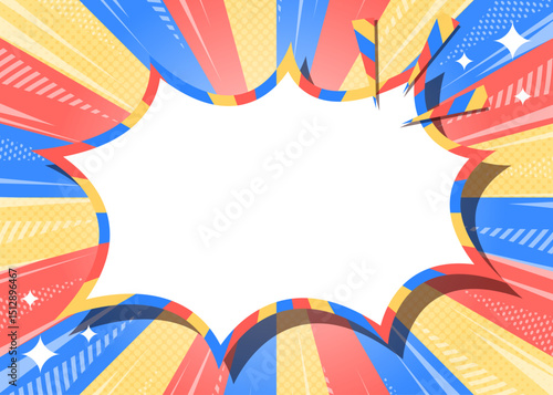 ハーフトン柄入りのサンバーストとトゲトゲのフレーム背景、集中線とキラキラエフェクトのデコレーション、ポップなデザイン