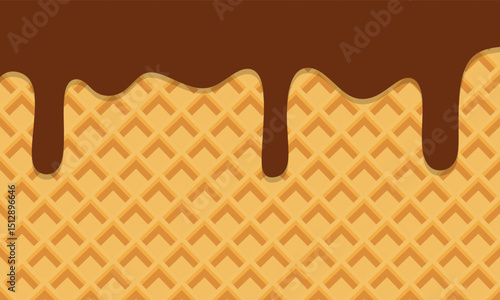 Chocolate melted on waffle background. Sweet ice cream flowing down on cone. Vector Illustration.