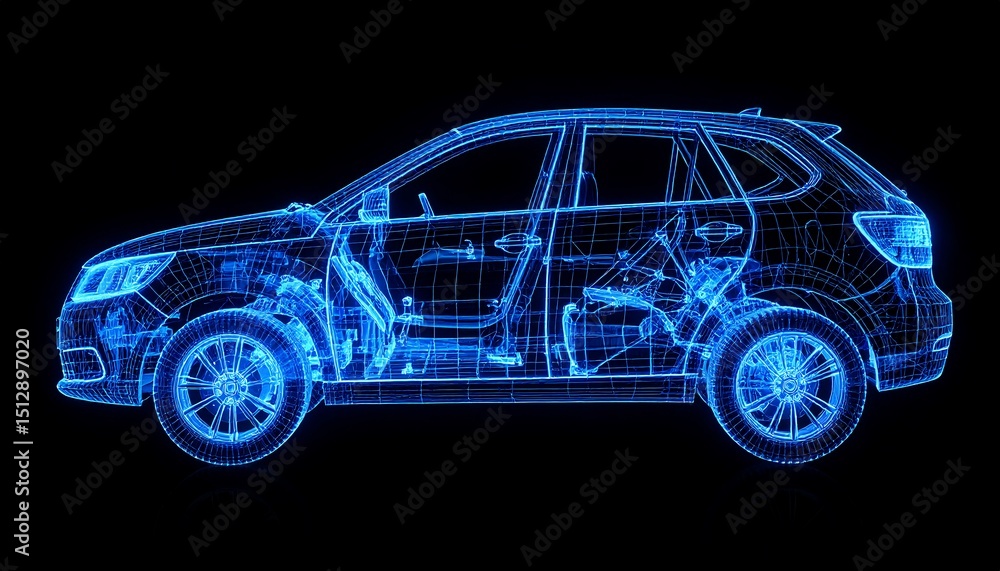 Blueprint of a Modern SUV: Digital Wireframe Model of a Car Blueprint of a Modern SUV: Digital Wireframe Model of a Car