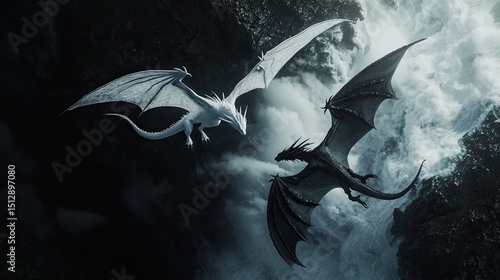 Create a realistic, cinematic overhead shot of two dragons flying overhead together in unison, a black dragon with wings and horns and four claws 