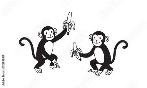 Two playful cartoon monkeys holding bananas