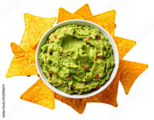 Overhead view of fresh guacamole in white bowl and golden tortilla chips. Delicious food appetizer with transparent background