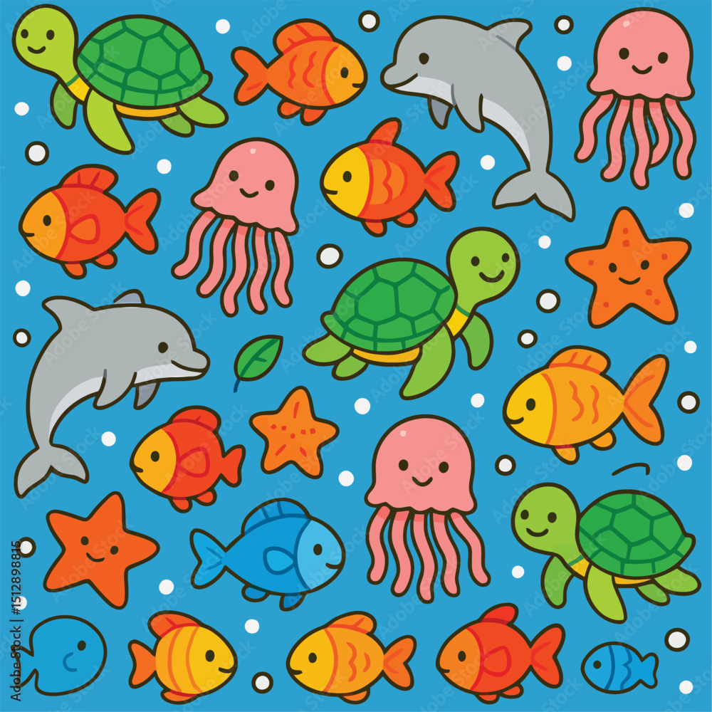 Fototapeta premium Summer Marine Animals Pattern – Cute Sea Creatures Vector
