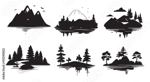 Six silhouettes of scenic landscapes mountains lakes trees
