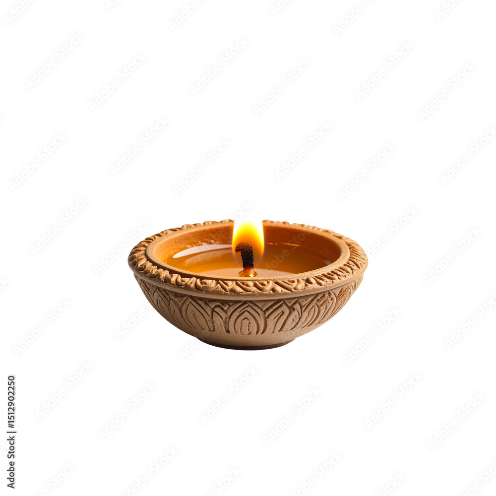 Burning candle in ornate clay dish on wax zen wick on transparent background Burning candle in ornate clay dish on wax zen wick on transparent background