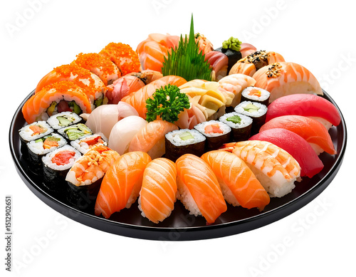 Assorted sushi platter on a black plate showcasing fresh seafood arrangement. Colorful presentation with transparent background